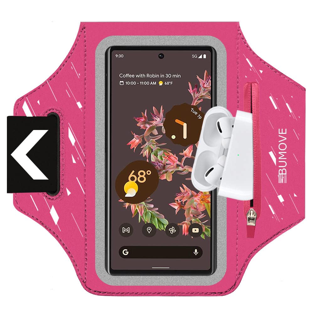 [Australia - AusPower] - Pixel 6/6 Pro/5a Armband, BUMOVE Gym Running Workouts Sports Phone Arm Band for Google Pixel 6, 6 Pro, 5a, 4 XL, 3a XL up to 6.9 inch with Airpods Card Key Holder (Pink) Pink (Up to 6.9") 