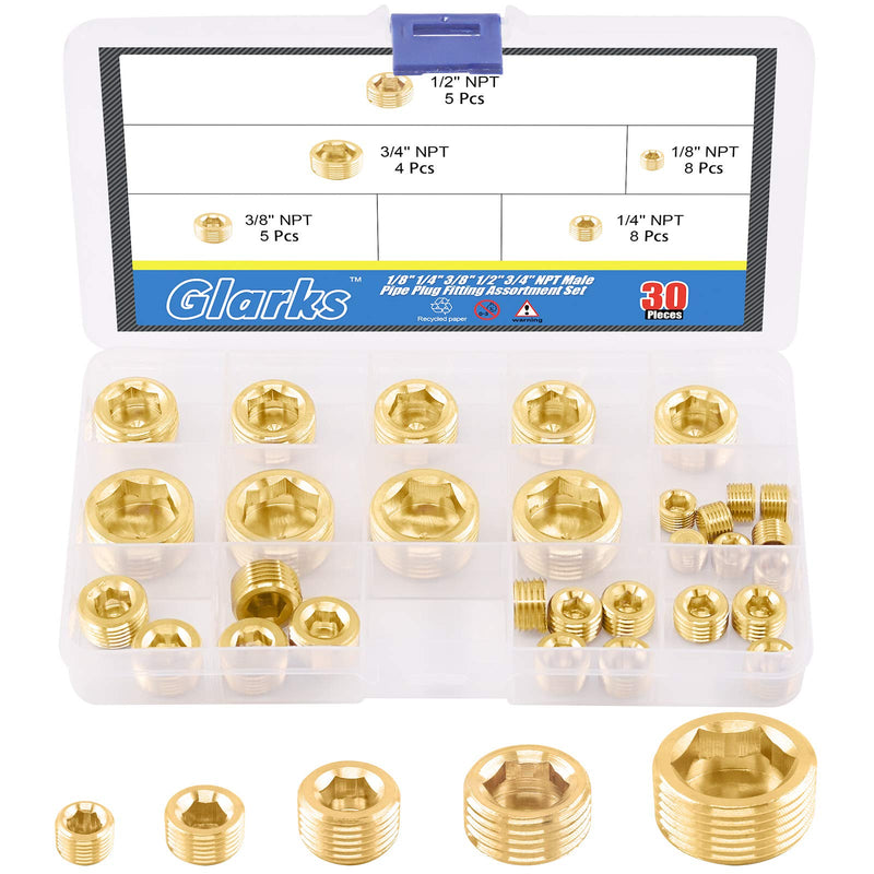 [Australia - AusPower] - Glarks 30Pcs Brass 1/8'' 1/4'' 3/8'' 1/2'' 3/4'' NPT Male Pipe Plug Fitting Set Internal Hex Thread Socket Pipe Plug Assortment Kit 30Pcs Assortment Set 