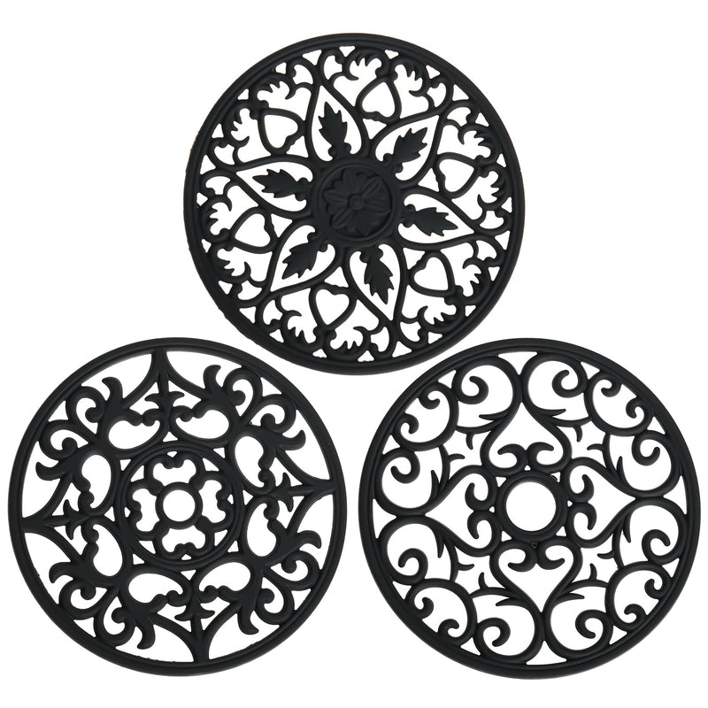 [Australia - AusPower] - Smitchraft Trivets for Hot Pots and Pans, Silicone Mats Kitchen, Silicone Trivet Mat, Hot Pads for Table, Silicone Table Pad, Multi-use Intricately Carved Heat Resistant Mat Set of 3 Black A: Black 