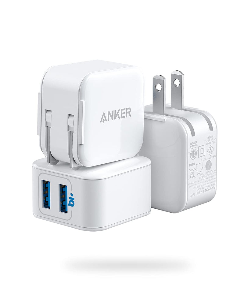 [Australia - AusPower] - iPhone Charger, Anker PowerPort III 2-Port 12W USB Wall Charger (3-Pack), Foldable Plug, for iPhone Xs/XR/11/11 Pro/SE 2020, iPad, and More 