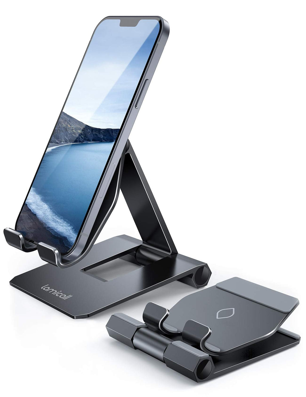 [Australia - AusPower] - Lamicall Adjustable Cell Phone Stand for Desk - Foldable Aluminum Desktop Phone Holder Cradle Dock, Compatible with Phone 13 12 Mini 11 Pro Xs Xs Max Xr X 8 7 6 6s Plus Smartphones, Tablets (4-11'') Black 