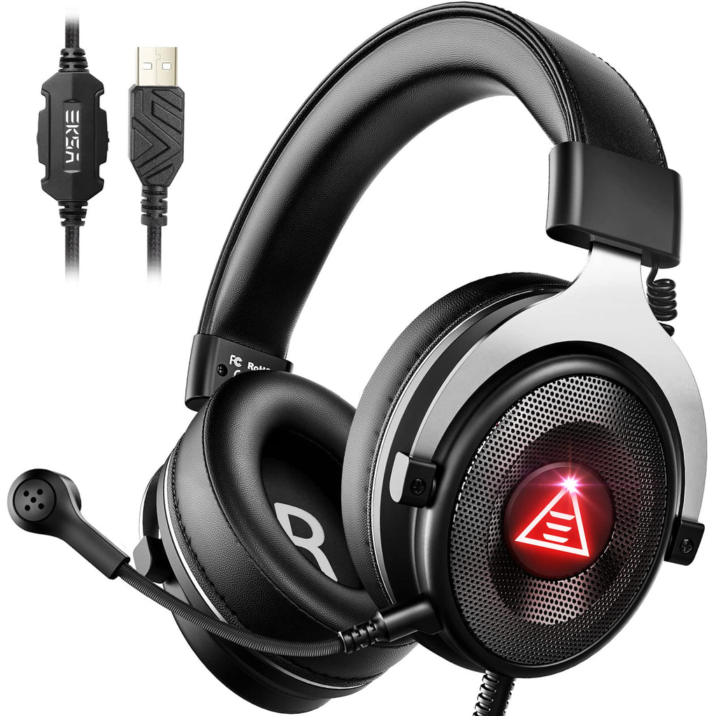 [Australia - AusPower] - EKSA Gaming Headset E900 Plus, 7.1 Surround Sound, Wired Headphones with Microphone for Pc Ps4 Ps5, Detachable Noise Cancelling Microphone, Over-Ear, Premium Memory Foam Earpads 