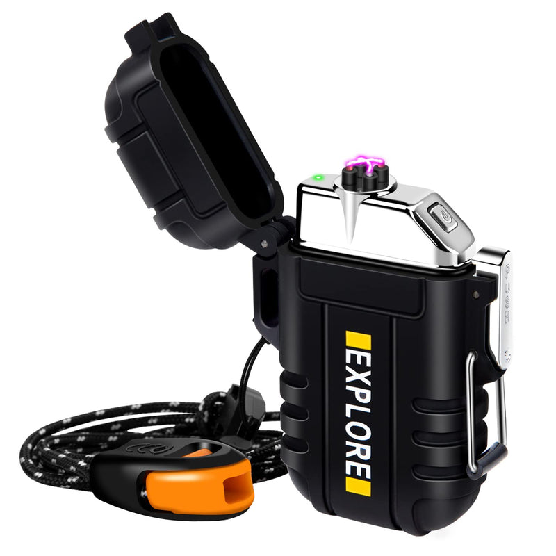 [Australia - AusPower] - Lighter,USB Rechargeable Lighter,Windproof Arc Lighter Waterproof,Flameless Electric Lighter,Dual Arc Plasma Lighter with Emergency Whistle for Outdoor Adventure,Survival Tactical,Camping Gadgets Black 