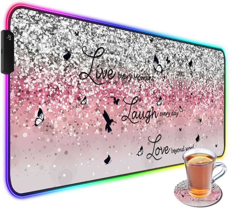 [Australia - AusPower] - CICPLKSE Customized RGB Gaming Mouse Pad and Coffee Coaster,Large Glowing Led Anti-Slip Rubber Base Computer Keyboard Desk Mouse Mat 31.4x11.8 Inch,Pink Glittering Live Laugh Love Pink Glittering Live Laugh Love 