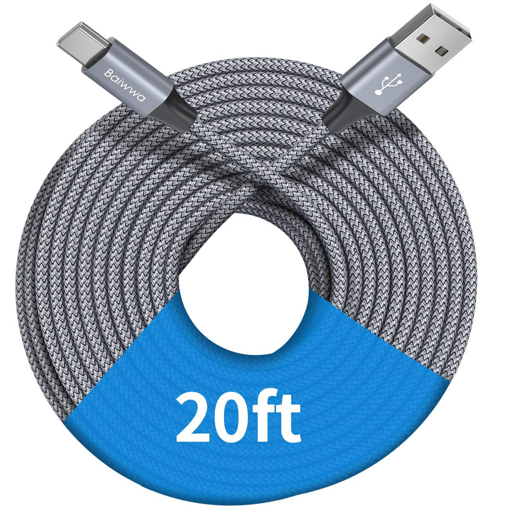 [Australia - AusPower] - [ 20ft/6m ] Extra Long USB C Cable, Baiwwa Premium Nylon Braided USB A to Type C Cable Charger Cord Compatible with Samsung Galaxy Note Tab, Moto, LG, Sony, Google and More USB C Smartphone & Tablet Grey-20ft 