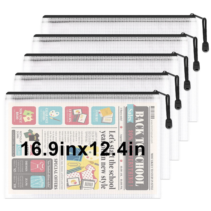 [Australia - AusPower] - Umriox 5PCS Large Mesh Zipper Pouch, Extra Thick, 16.9" x 12.4", Mesh Zipper Bags, Plastic Waterproof Document Pouch for School Office Supplies and Cosmetics Travel Accessories Black 