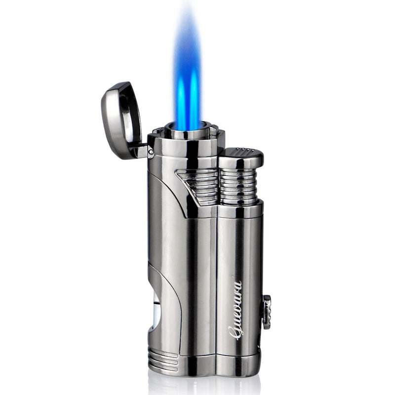 [Australia - AusPower] - Cigar Torch Butane Lighters Fuel Refillable Lighter with Punch Cutter and Set Double Jet Strong Flame Windproof Gray 