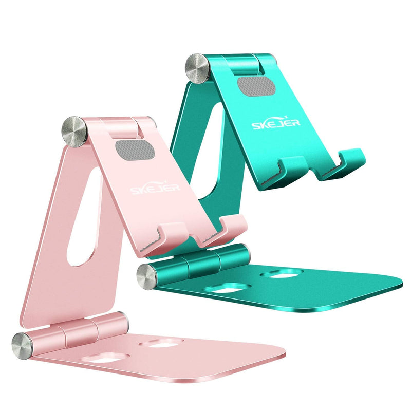 [Australia - AusPower] - Fully Foldable Cell Phone Stand Holder for Desk SKEJER Adjustable iPhone Stand Aluminum Compatible with 4"-10" Phone/Kindle/Tablet/iPad/iPhone - Rose Gold + Spearmint Green 2 Pack 
