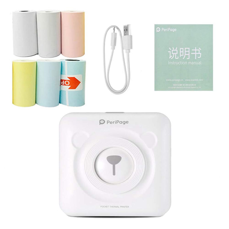 [Australia - AusPower] - Picture Memo Receipt Photo Printer for Cell-Phone, Portable Mini Wireless Thermal Label Printer, Inkless Pocket Printers for Travelling, with 6 Thermal Paper Rolls (White) White 
