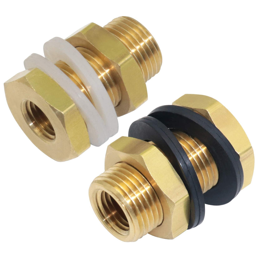 [Australia - AusPower] - KOOTNAS 2-Pack Solid Brass Bulkhead Fittings, 1/4 NPT Taper Female 3/4" Straight Male Thread Brass Water Tank Connector with 4 Rubber Rings 4 Silicone Rings, for Tank Body, Wooden Barrels, etc 1/4 NPT Taper Female, with Rubber Orings 