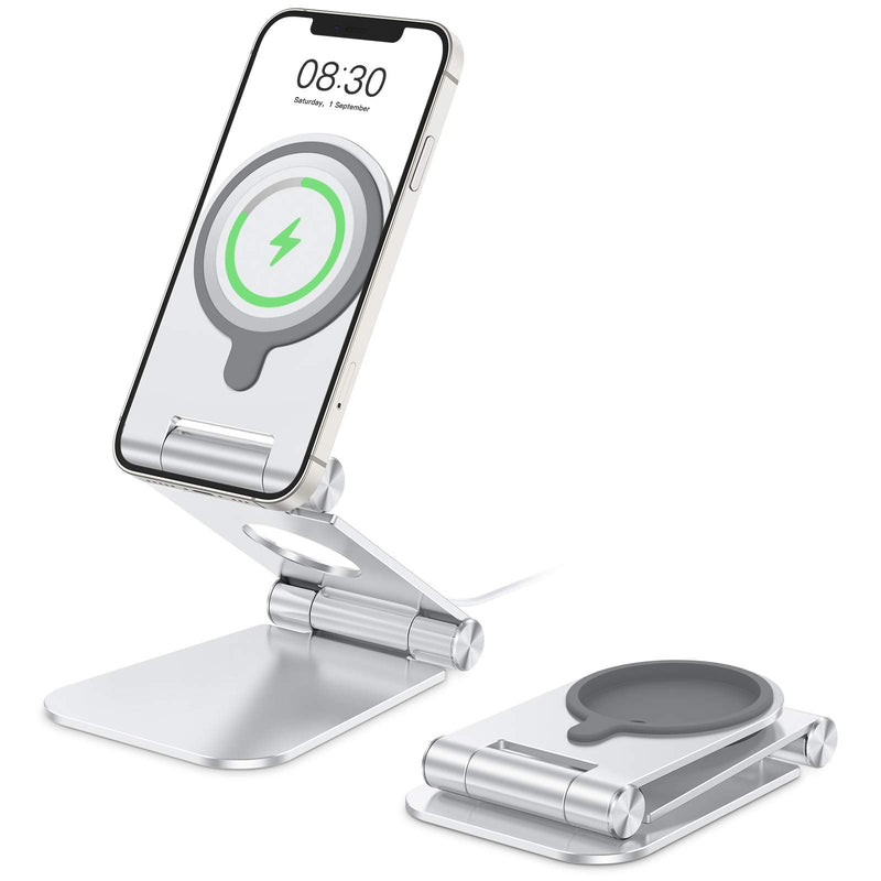 [Australia - AusPower] - Stand for MagSafe Charger, OMOTON Foldable Phone Stand Holder for MagSafe Charger, Magsafe Accessories Designed for iPhone 13/12 Pro Max / Pro / Mini, MagSafe Charger Not Included, Silver 