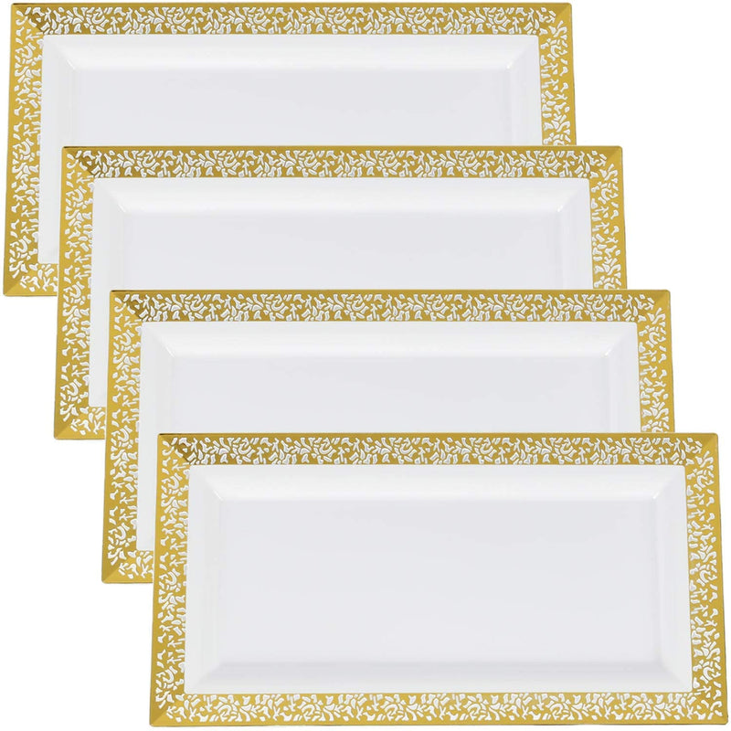 [Australia - AusPower] - Yumchikel-Decorative Plastic Serving Tray & Platter Set (4pk) - Gold & White Disposable Party Trays & Platters for Food - Weddings, Upscale Parties, Dessert Table, Cupcake display - 14x7.5 inches 