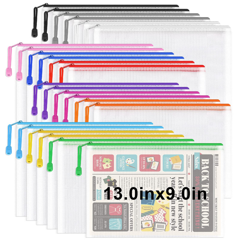 [Australia - AusPower] - Umriox 24PCS Plastic Mesh Zipper Pouch, Zipper Bags, Letter Size/A4 Size Waterproof Document Pouch, for School Office Supplies and Travel Cosmetics Travel Accessories 