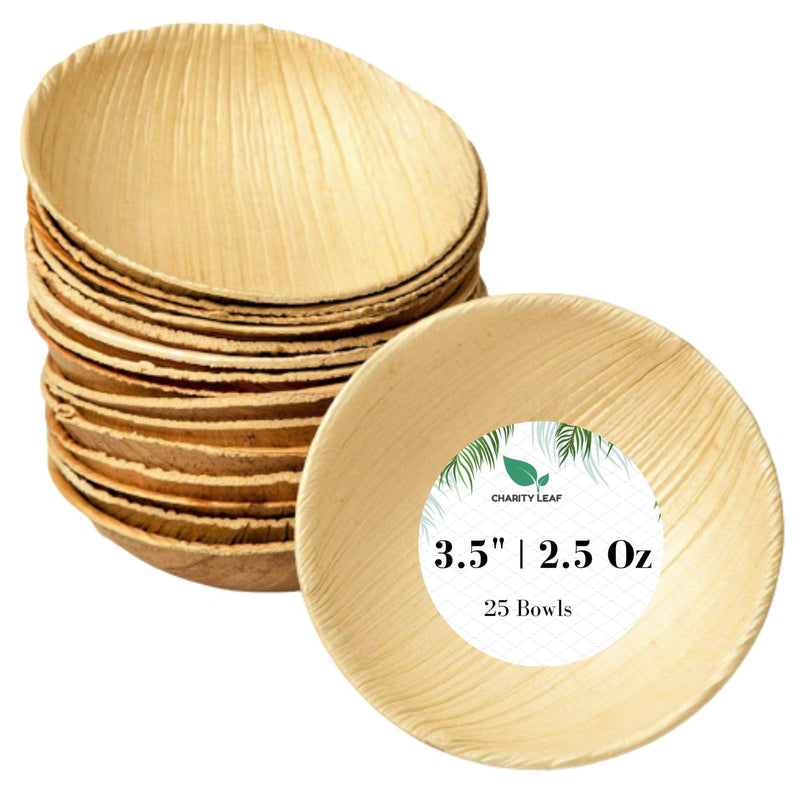 [Australia - AusPower] - Charity Leaf Disposable Palm Leaf Like Bamboo Round Mini Bowl | All Natural and Biodegradable | Charcuterie Boards, BBQs, and Parties | Pack of 25 Bowls (3.5" inch & 2.5 Oz) 3.5 Inch 