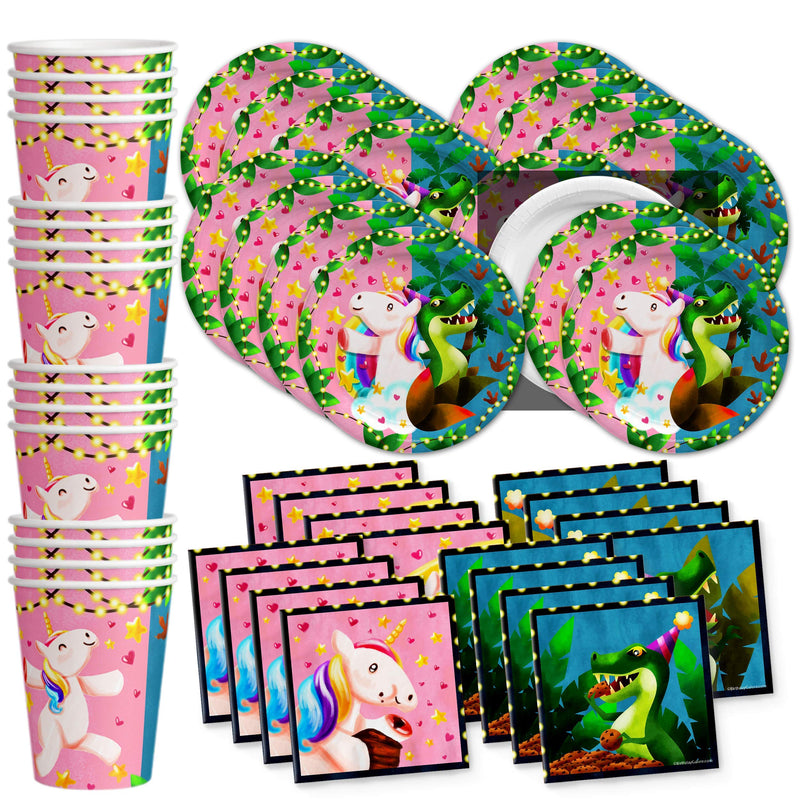 [Australia - AusPower] - Unicorns & Dinos Joint Birthday Party Supplies Set Plates Napkins Cups Tableware Kit for 16 