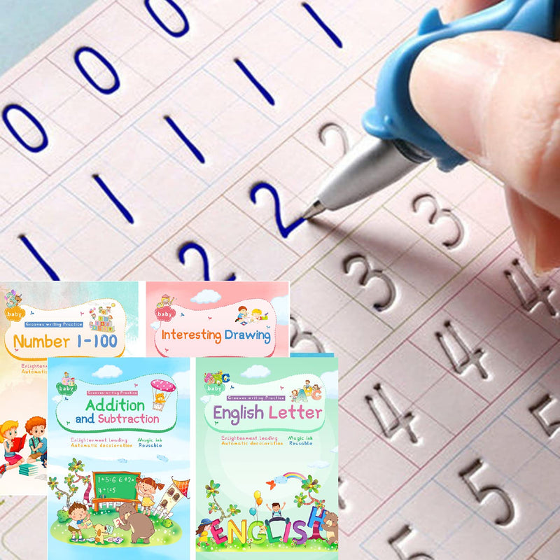 [Australia - AusPower] - Magic Ink Copybooks for Kids Reusable Handwriting Workbooks for Preschools Grooves Template Design and Handwriting Aid (4books+Pens) 4books+Pens 