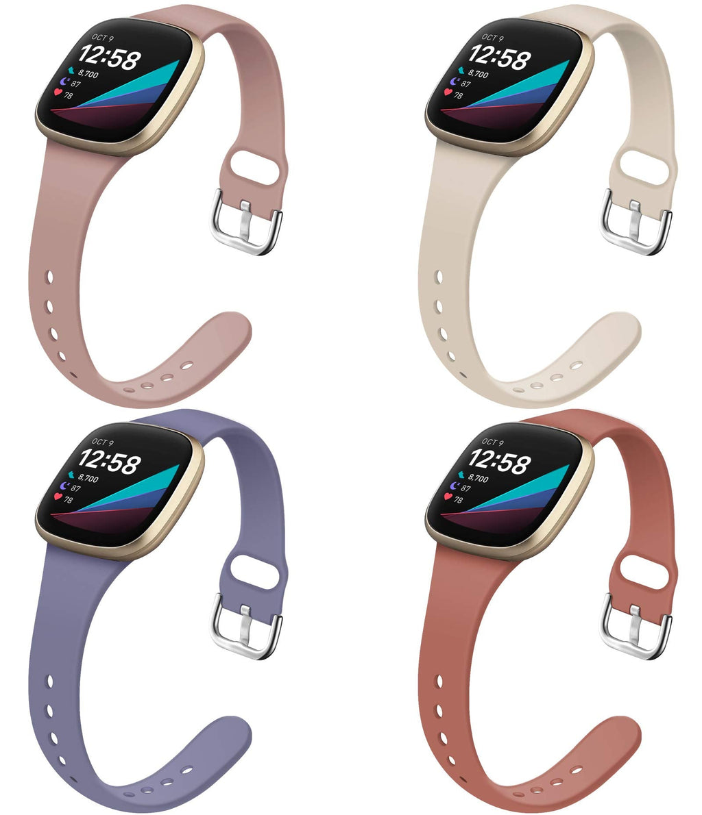 [Australia - AusPower] - Surundo 4 Pack Slim Bands Compatible with Fitbit Versa 3 / Fitbit Sense Smartwatch, Replacement Sport Thin Wristband Straps Accessrioes for Women Men, Small, Creamy-white/Violet/Pink/Sand pink 