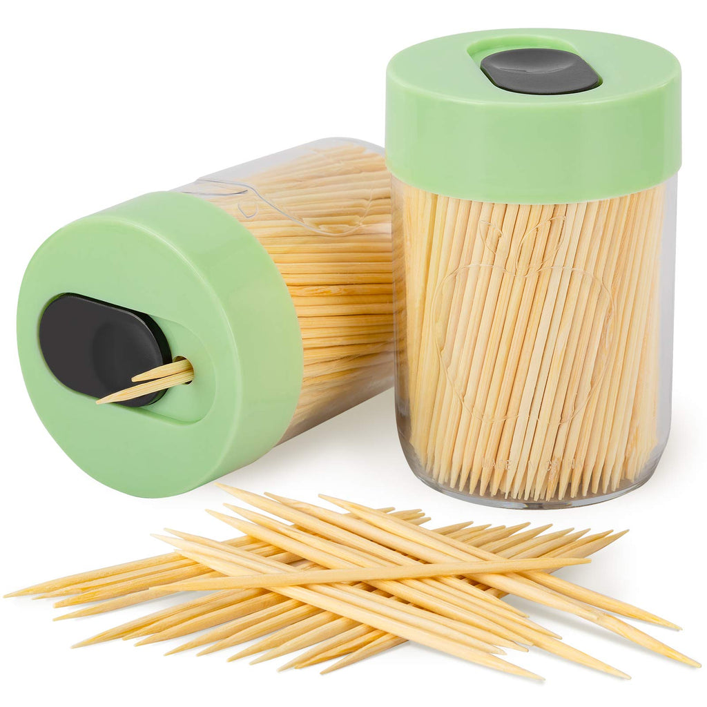 [Australia - AusPower] - Urbanstrive Sturdy Safe Toothpick Holder with 800 Natural Wood Toothpicks for Teeth Cleaning, Unique Home Design Decoration, Unusual Gift, 2 Pack, Green 