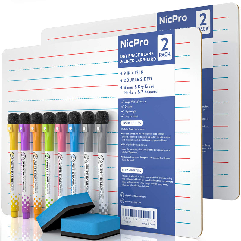 [Australia - AusPower] - Nicpro Dry Erase Lap Board 9 x 12 inches 2 Pack Ruled Kid Double Sided Blank & Lined Small Lapboard with 8 Pens, 2 Eraser, Learning Mini Whiteboard Portable for Student and Classroom Use 