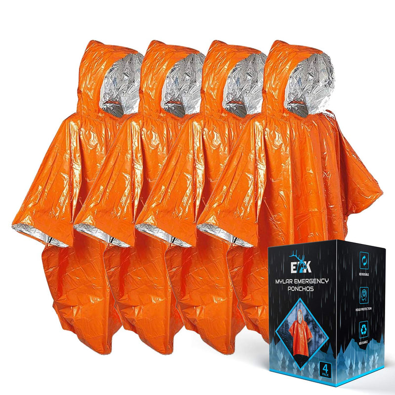 [Australia - AusPower] - ELK Emergency Poncho Features Heat Retention and Mylar Reversible Thermal Raincoat Blanket with Reflective Side for Increased Visibility - Outdoor Camping Survival Gear and Equipment (Orange, 4 Pack) 