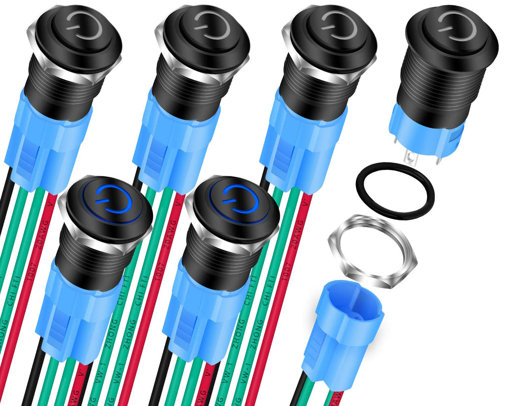 [Australia - AusPower] - DaierTek 6pcs Latching Push Button Switch 12V LED Blue Waterproof ON Off Maintained 12 Volt 12mm Small Round Metal Black Wired for Marine Boat Car Truck 