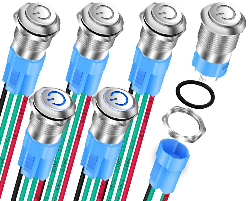 [Australia - AusPower] - DaierTek 6Pcs Mini Round Waterproof Push Button Switch 12mm ON Off Latching 1NO Pushbutton Self-Locking with Blue LED 12V 