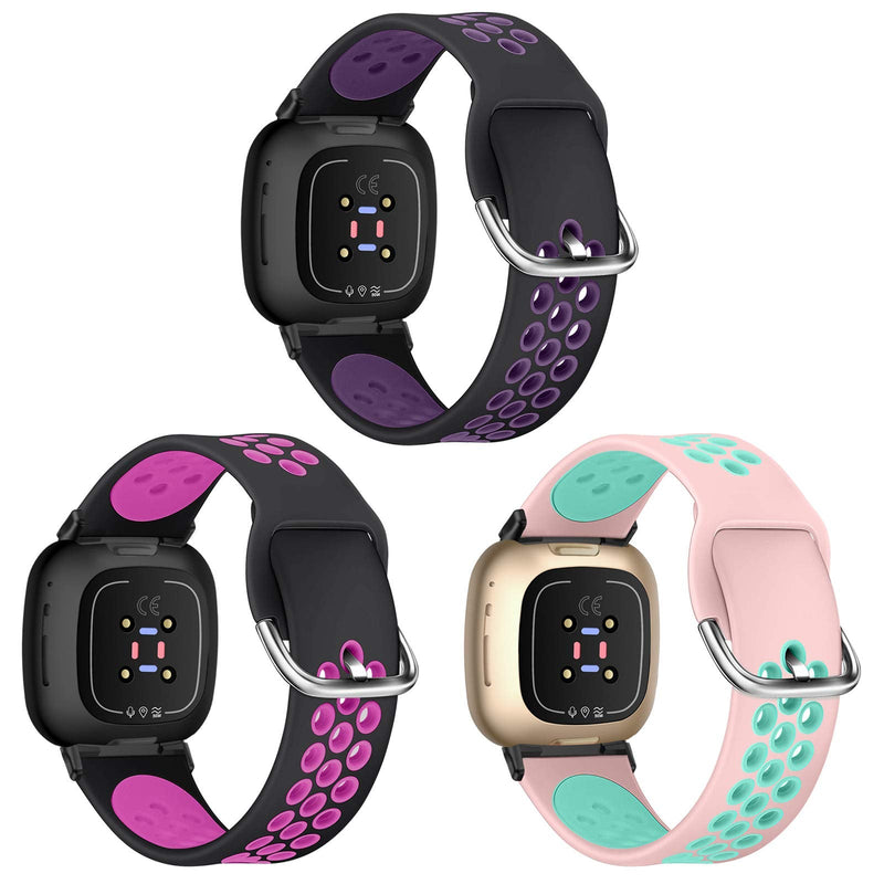 [Australia - AusPower] - XIMU Sport Bands Compatible with Fitbit Versa 3 & Sense, 3-Pack Soft Silicone Waterproof Breathable Watch Strap Replacement Wristbands Accessories with Air Holes Women Men for Versa 3 Smart Watch Black/Purple+Black/Rosepurple+Pink/Teal S: 5.9''-7.6'' 