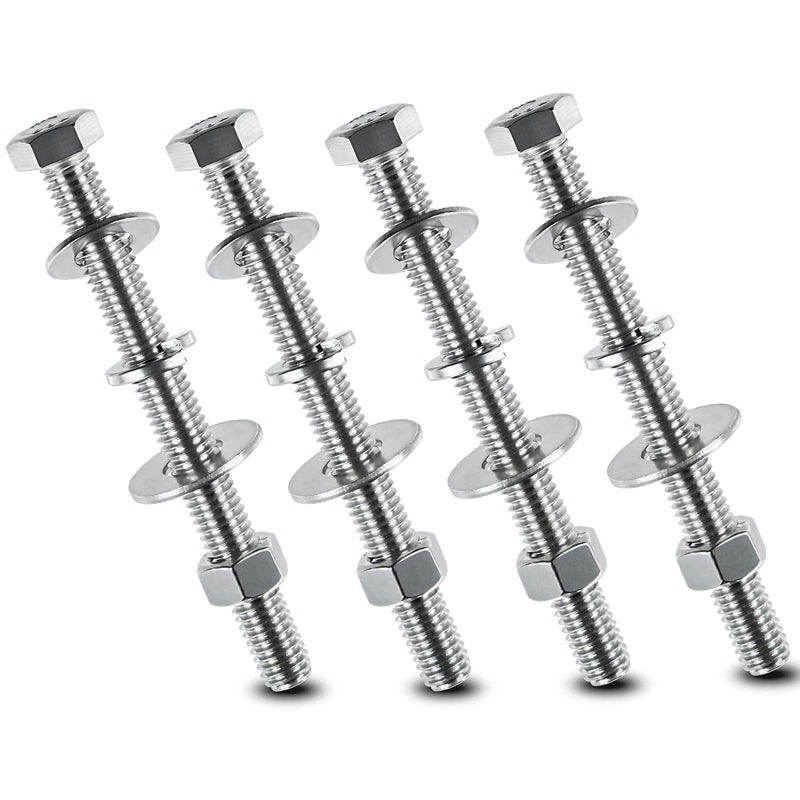 [Australia - AusPower] - 3/8-16x4" Stainless Steel Hex Head Screws Bolts, Nuts, Flat & Lock Washers Kits, 304 Stainless Steel 18-8,Fully Threaded,4 Sets 