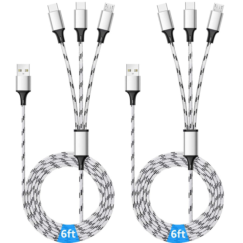 [Australia - AusPower] - Multi Charging Cable, 6ft 2Pack Multi Charger Cable Braided Multiple USB Cable Universal 3 in 1 Charging Cord with Dual Type C, Micro USB Port Connectors for Cell Phones, Android Devices and More 