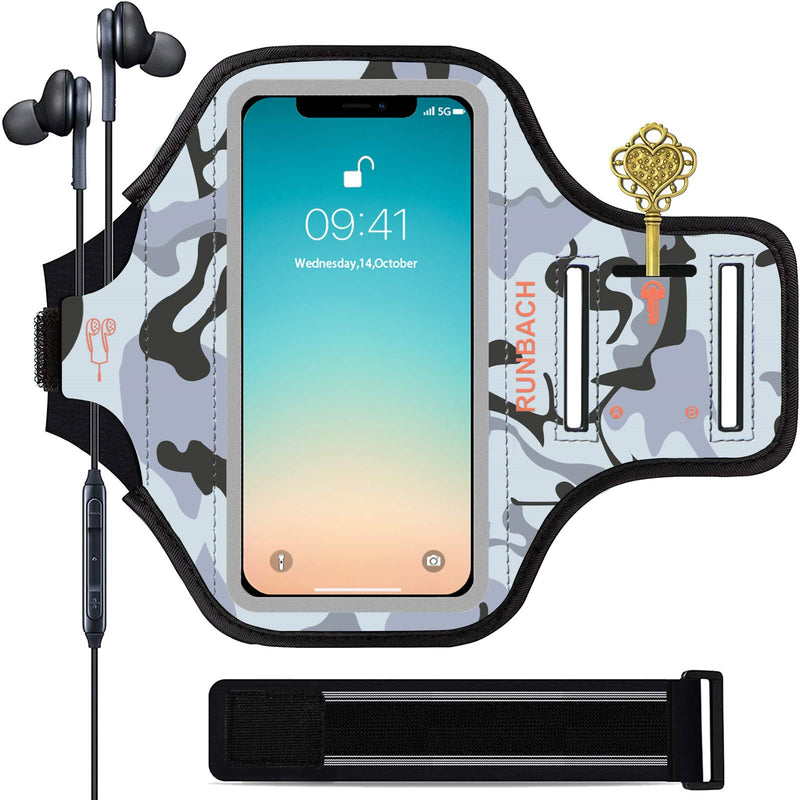 [Australia - AusPower] - RUNBACH Armband for iPhone 13/13 Pro/12/12 Pro/11/XR,Camo Sweatproof Running Exercise Bag with Card Slot for iPhone 13,13 Pro,12,12 Pro,iPhone 11,iPhone XR (Grey Camo) Grey Camo 