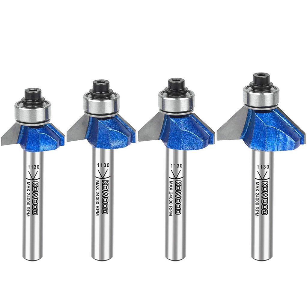 [Australia - AusPower] - KOWOOD Plus 45 Degree Chamfer Router Bit Set, 1/4 Inch Shank, Cutting Diameter in 1/4”, 5/16”, 3/8”, 1/2”.KOWOOD C3 Carbide. Ideal for Angled Edges, Clean Edge or Decorative Pieces 45° Chamfer 