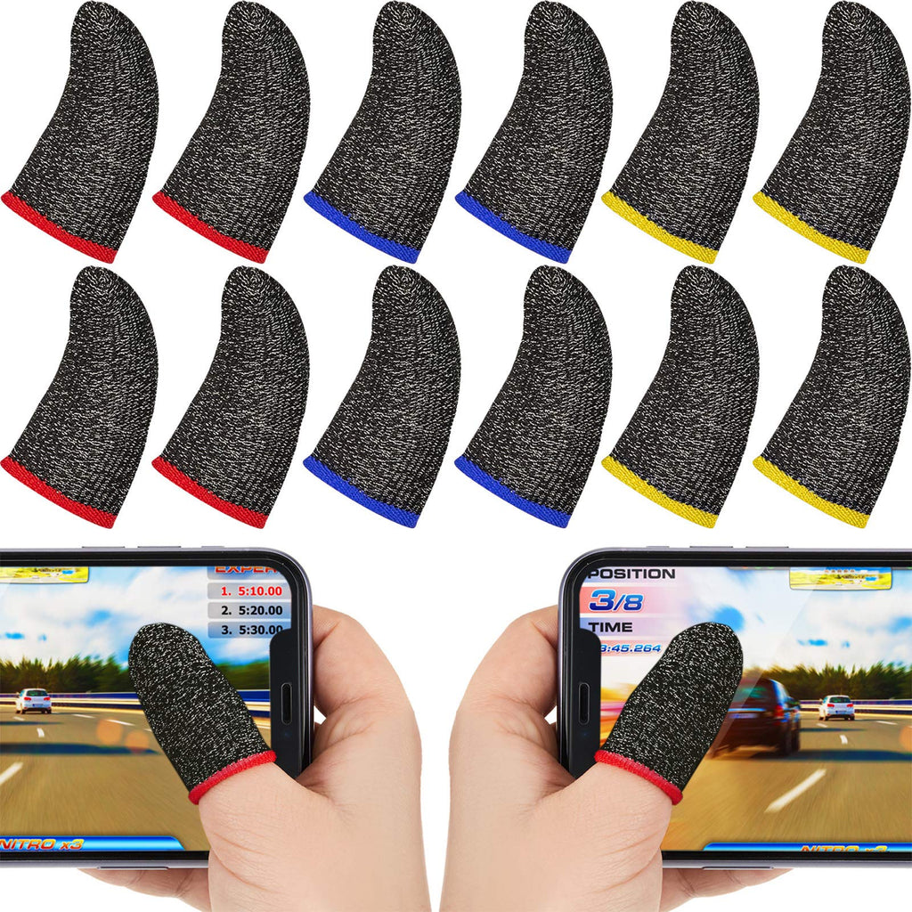 [Australia - AusPower] - 30 Pieces Finger Sleeves for Gaming Mobile Game Controllers Finger Thumb Sleeves Set, Anti-Sweat Breathable Seamless Touchscreen Finger Covers Silver Fiber for Phone Games PUBG Red Brim, Yellow Brim, Blue Brim 