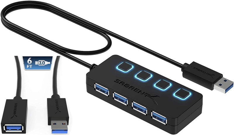 [Australia - AusPower] - Sabrent 4-Port USB 3.0 Hub + 6 Ft 22AWG USB 3.0 Extension Cable - A-Male to A-Female in Black 