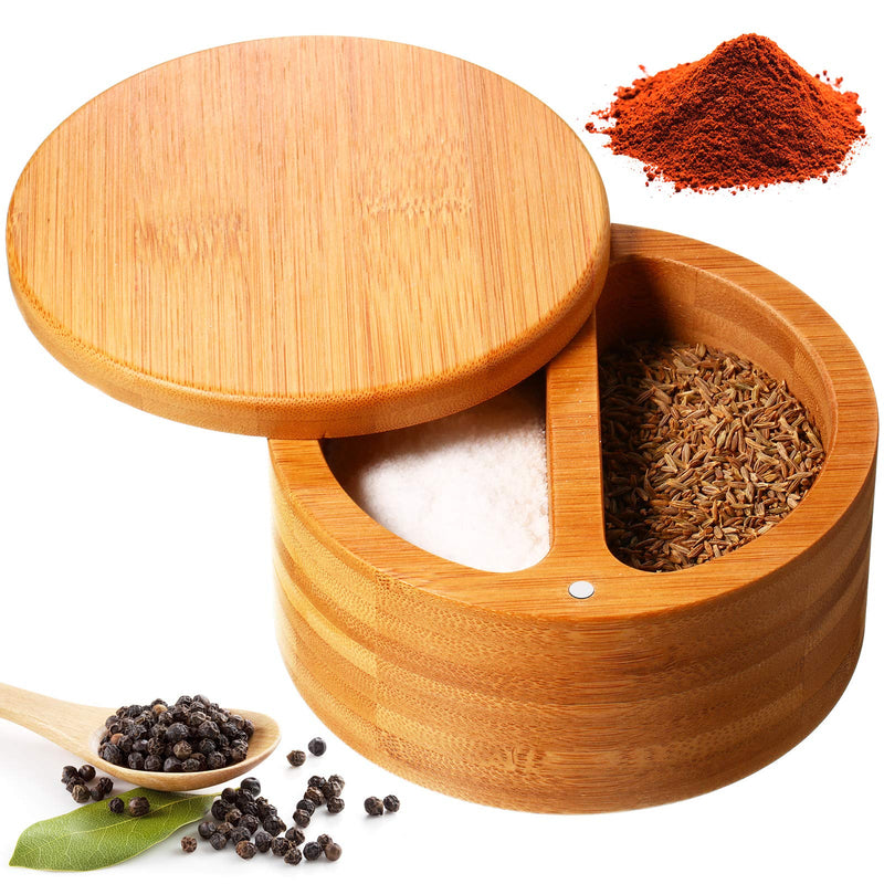 [Australia - AusPower] - Salt Box Salt Keeper Bamboo Salt and Pepper Box Container, Salt Cellar with Swivel Lid and Magnet for Kitchen to Keep Food Dry (2 Storage Compartments,4.72 x 2.36 Inch) 4.72 x 2.36 Inch 2 Storage Compartments 