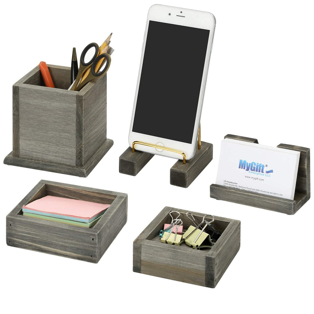 [Australia - AusPower] - MyGift 5-Piece Rustic Gray Wood Desk Accessories Organizer with Pen Cup, Cell Phone Holder, Name Card Holder, Sticky Notepads Tray and Paper Clip Cup 