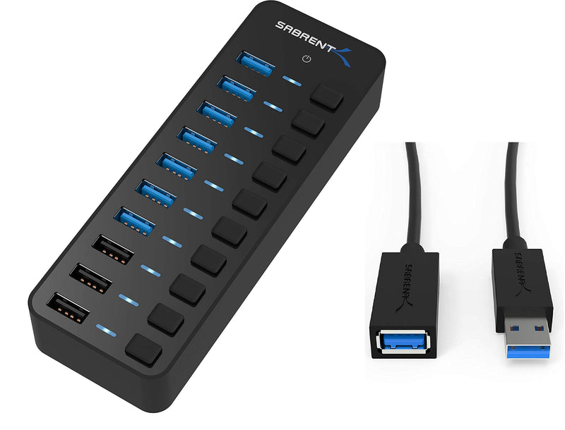 [Australia - AusPower] - Sabrent 60W 10-Port USB 3.0 Hub + 22AWG 3 Feet USB 3.0 Extension Cable 