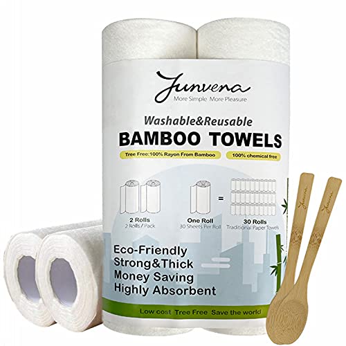 [Australia - AusPower] - Junvena Bamboo Paper Towels，Washable Heavy Duty Paper Towels，Strong Eco-Friendly Absorbent reusable paper towels 2 Rolls-60 Thick Sheets 