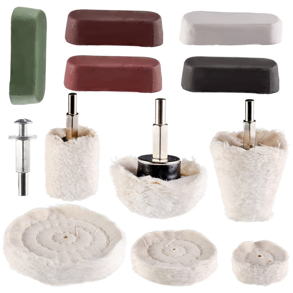 [Australia - AusPower] - Hedume Set of 12 Buffing Pad Polishing Wheel Kits Included 5 Pack Rouge Compound, Cone, Column, Mushroom, T-Shaped Wheel Grinding Head with 1/4" Handle-for Manifold/Aluminum/Stainless Steel/Chrome 