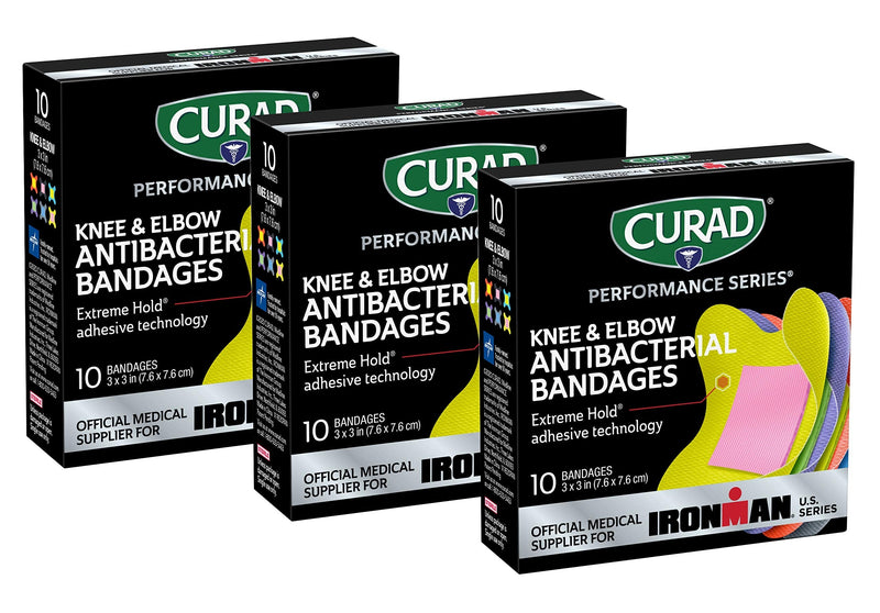 [Australia - AusPower] - Curad Performance Series Ironman Knee and Elbow Antibacterial Bandages, Extreme Hold Adhesive Technology, Fabric Bandages, 10 Count (Pack of 3) 
