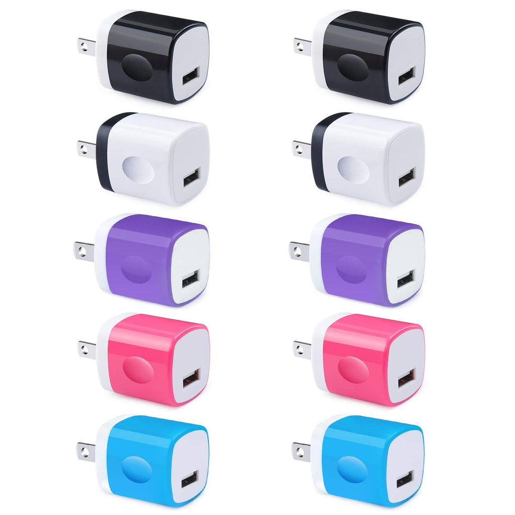 [Australia - AusPower] - Phone Charger Plug, UorMe 10 Pack One Port USB Power Adapter Charging Block Cube Compatible iPhone 11 X 8 7 6 5, iPad, Galaxy S20 Note20 S9 8 7,G7 G6 G5, Android+Type C Tablets Charge Station Base 2*（White, Purple, Black, Blue and Rose Red） 