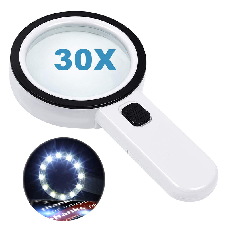 [Australia - AusPower] - Magnifying Glass with 12 LED Lights, 30X Double Glass Lens Handheld Illuminated Magnifier Reading Magnifying Glass with for Seniors Read, Coins, Stamps, Map, Inspection, Macular Degeneration 