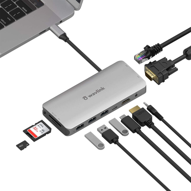 [Australia - AusPower] - WAVLINK USB C Hub, 10-in-1 Type C Adapter Mini Docking Station with 4K 30Hz HDMI, 2K 60Hz VGA, RJ45 Ethernet, 3 USB 3.0, SD/TF Card Reader, 3.5mm Audio Jack, 87W PD for Windows Mac and More 10-in-1 HDMI+VGA+RJ45+60W 