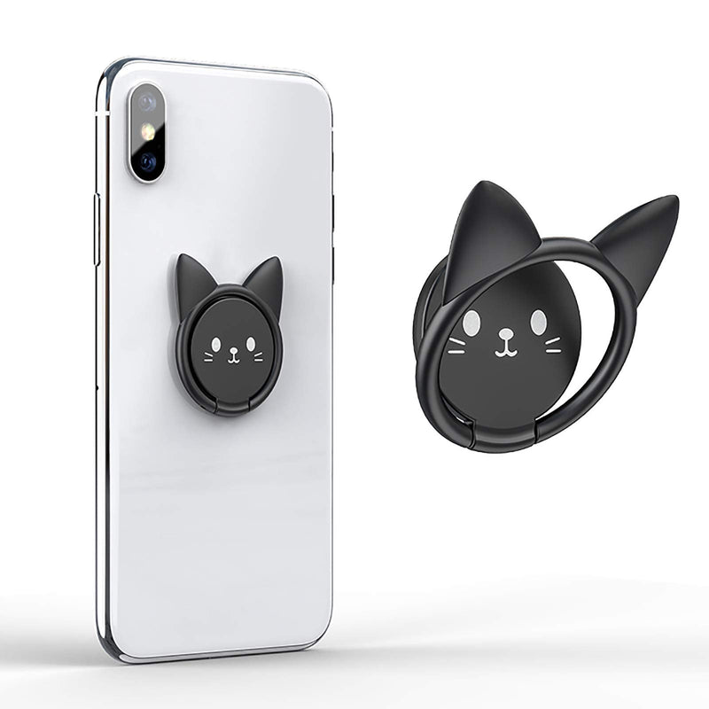[Australia - AusPower] - Cell Phone Ring Holder Ultra-Thin Cute Cat Finger Grip 360° Rotation Kickstand Metal Phone Grip for Magnetic Car Mount Compatible with All Smartphones (Black) Black 