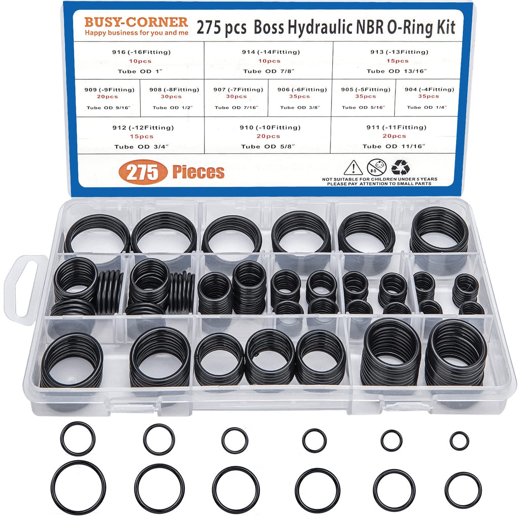 [Australia - AusPower] - BUSY-CORNER O-Ring Boss Hydraulic Seal Kit, SAE 900 Series, 12 Sizes, Buna-N 90, Pack of 275 Pieces 