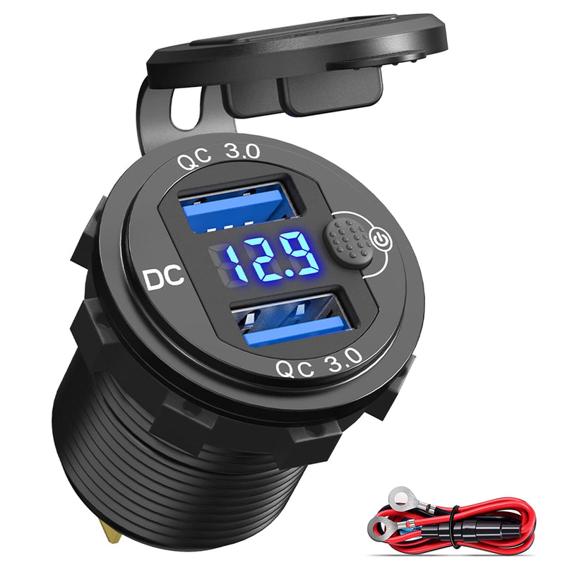 [Australia - AusPower] - Quick Charge 3.0 Dual USB Socket, Qidoe Aluminum Metal 12V/24V USB Outlet with LED Voltmeter & ON/Off Power Switch Waterproof Dual USB Port for Car RV Boat Marine Golf Cart Truck Motorcycle 
