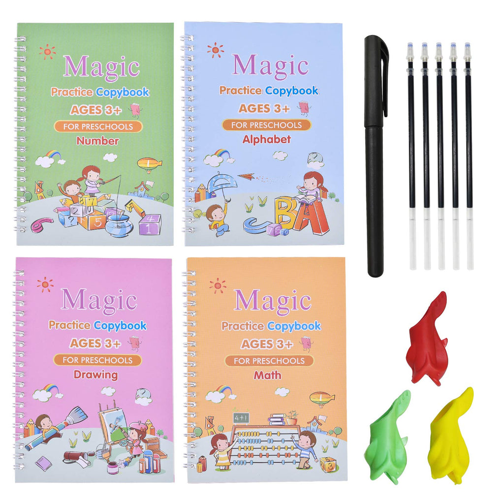 [Australia - AusPower] - 4 Pack Groove Magic Practice Copybook for Kids, Comfy Kindergarten Handwriting Set, Life Pigment Copy Book, Reusable Tracing Workbook with Pens & Aid Pen Grips Set A 
