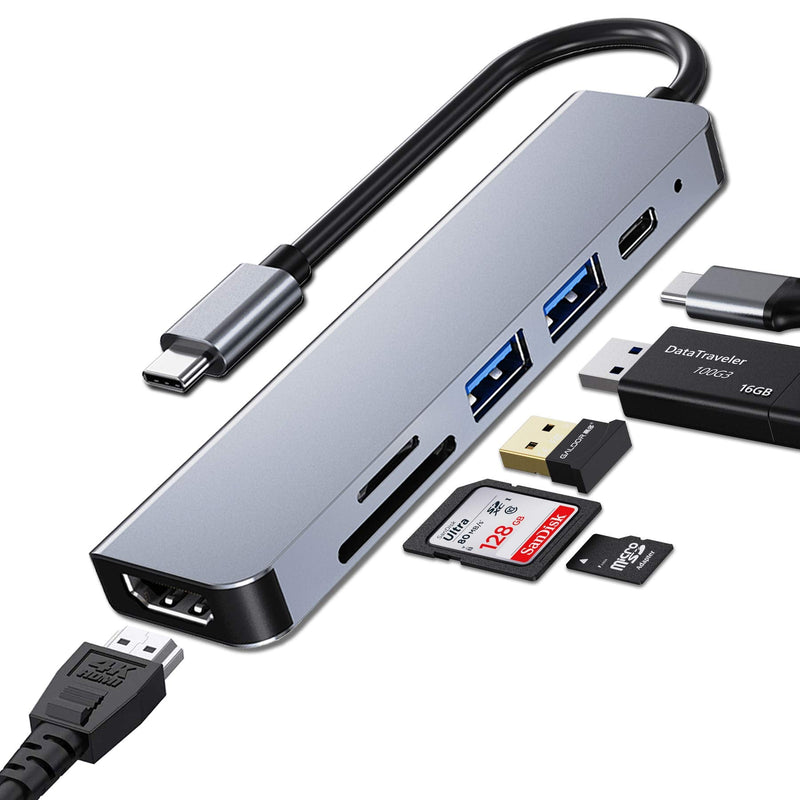 [Australia - AusPower] - 6 Ports USB C Hub Adapter, USB C Docking Station with HDMI 4k, USB 3.0, 87W Power Delivery, SD/TF Card Slots, for MacBook Series 6 in 1 
