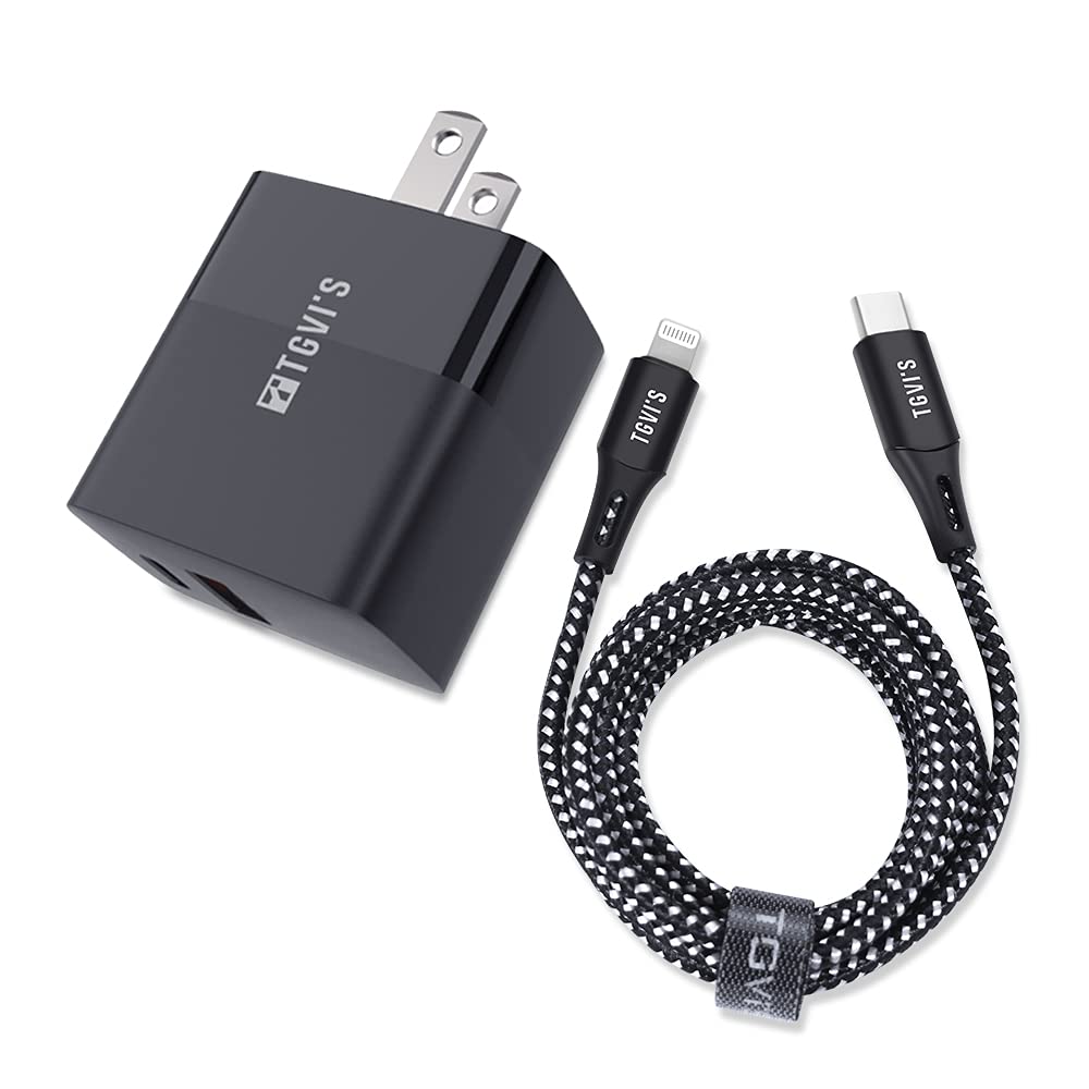 [Australia - AusPower] - TGVi's iPhone 13 Fast Charger, 20W 2-Port iPhone Fast Charger with 4ft MFi Certified C to Lightning Cable, USB C Charger Block for iPhone 13 12 Pro Max Mini 11 Xs XR X 8 Plus and More,iPad Pro, Black 