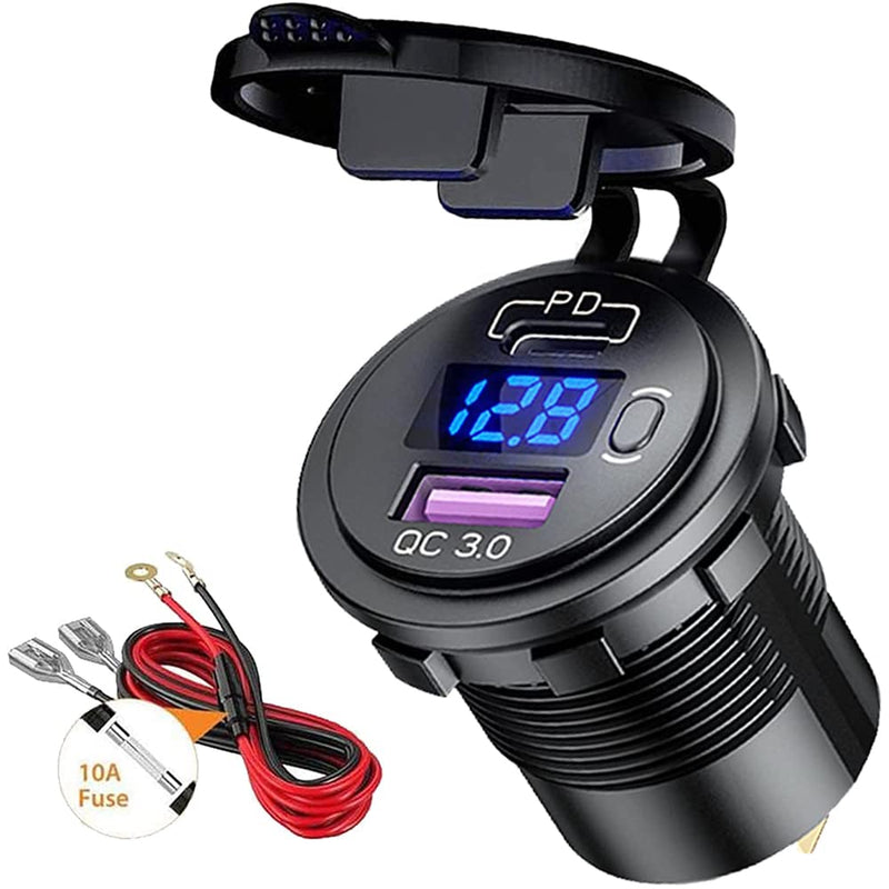 [Australia - AusPower] - PD Type C USB Car Charger Socket and QC 3.0 Quick Charger Car Power Outlet Socket with ON/Off Switch and LED Voltmeter Waterproof 12V/24V for Motorcycle Marine RV ATV 