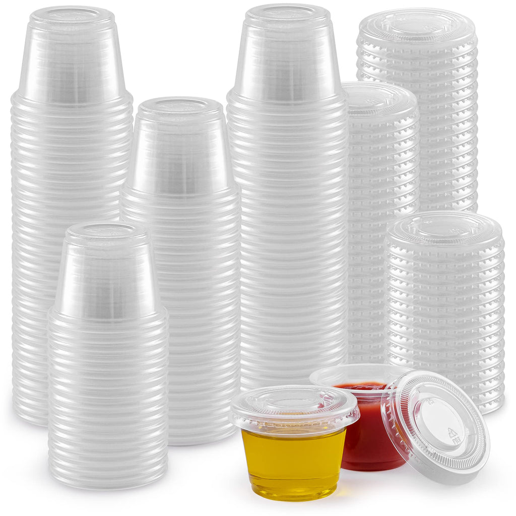 [Australia - AusPower] - [1 Ounce, 100 Cups] Clear Jello Shot Cups with Lids - Plastic Portion Cup Condiment Container with Lids - Disposable Condiment Cups For Dressing, Sauce, Samples, Medicine, Meal Prep by Simple Craft 1 oz - 100 Pack 